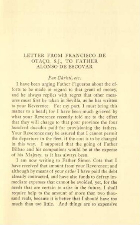 Letter from Francisco de Otaco, S.J., to Father Alonso de Escovar