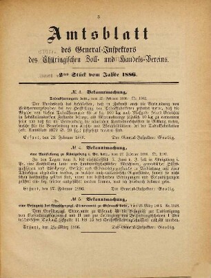 Amtsblatt des General-Inspectors des Thüringischen Zoll- und Handelsvereins. 1886