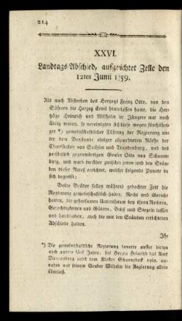 XXVI. Landtags-Abschied, aufgerichet Zelle den 12ten Junii 1559.