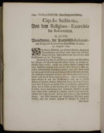 Sectio 12ma. Von dem Religions-Exercitio der Reformirten.