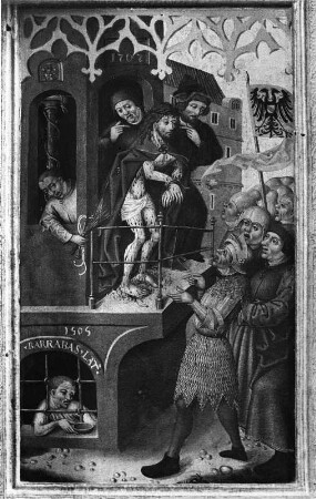 Kreuzigungsaltar : Kreuzigungsaltar. Holz, geschnitzt, gefaßt, bemalt (1505,1605, 1668). Flügelbild mit Christi Verspottung (bez. 1505). Neuberg an der Mürz, Ehemals Zisterzienserstiftskirche Mariae Himmelfahrt