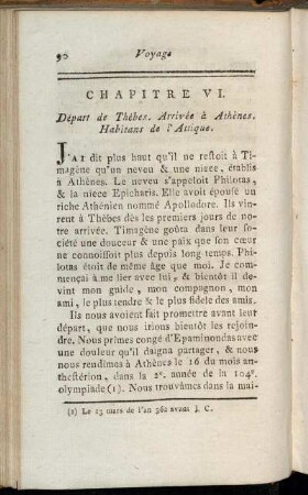 Chapitre VI. Départ de Thèbes. Arrivée à Athènes. Habitans de l'Attique.