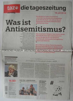 Tageszeitung "taz. die tageszeitung" mit Titel zur Zunahme des Antisemitismus in Deutschland