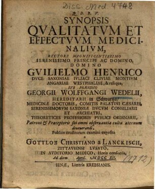 Synopsis Qvalitatvm Et Effectvvm Medicinalivm
