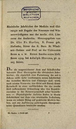 Historisch-kritische Zeitschrift der neuesten teutschen Medicin und Chirurgie : eine Quartalschr., bearb. von e. Gesellschaft gelehrter u. praktischer Ärzte. 1. 1821, 3