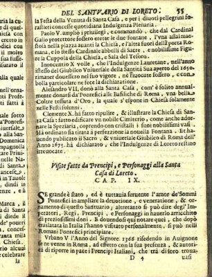 Visite fatte da Prencipi, e Personaggi alla Santa Casa di Loreto. Cap. IX.