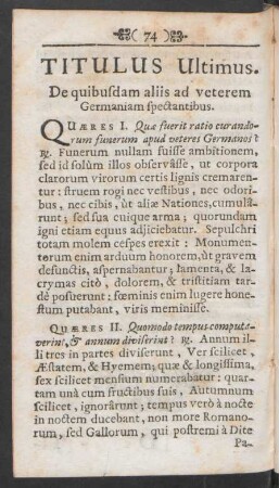 Titulus Ultimus. De quibusdam aliis ad veterem Germaniam spectantibus