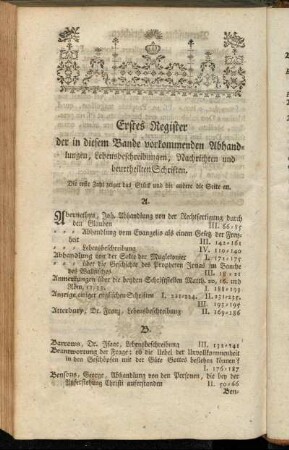 Erstes Register der in diesem Bande vorkommenden Abhandlungen, Lebensbeschreibungen, Nachrichten und beurtheilten Schriften.