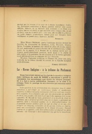 La "Revue Indigène" à la tribune du Parlement.