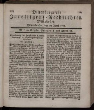 XVIII. Stück. Sonnabends : den 29. April 1780.