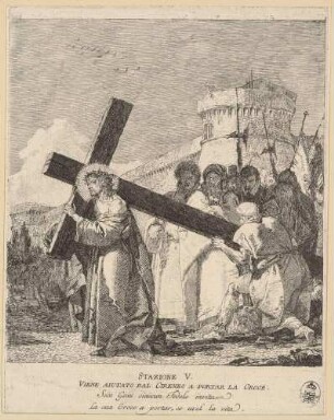 Simon von Cyrene hilft Jesus das Kreuz tragen (5. Station des Kreuzwegs), aus der Folge "Via Crucis"