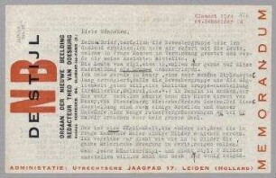 Brief von Theo van Doesburg an Hannah Höch. Clamart. Briefkopf: "NB DE STIJL [...]" und handschriftlicher Zusatz von Nelly van Doesburg