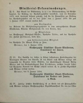 4. Ministerial-Bekanntmachung, Wechsel in dem Mitgleiderbestande der Stiftungsverwaltung der Hülfskasse für Frankenheim betreffend