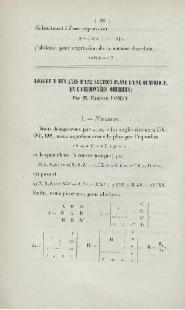 Longueur des axes d'une section plane d'une quadrique, en coordonnées obliques.