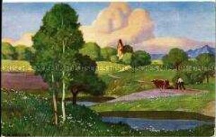 Landschaft mit pflügendem Bauern
