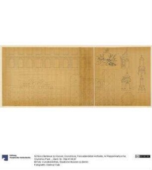 Schloss Bellevue zu Kassel, Grundrisse, Fassadendetail Hofseite, re.Wappenkartusche, Grundriss Pavillon, zwei Aufrisse, zwei Ofenvarianten
