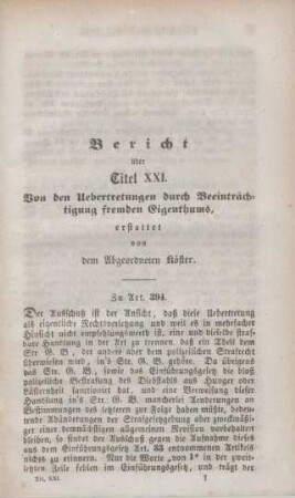 Bericht über Titel XXI. Von den Uebertretungen durch Beeinträchtigung fremdes Eigenthums