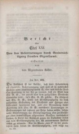 Bericht über Titel XXI. Von den Uebertretungen durch Beeinträchtigung fremdes Eigenthums