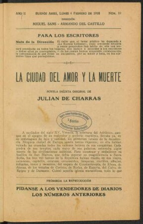1918000212: La ciudad del amor y la muerte : novela inédita