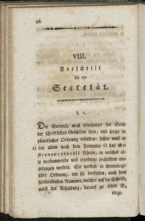 VIII. Vorschrift für den Secretär.