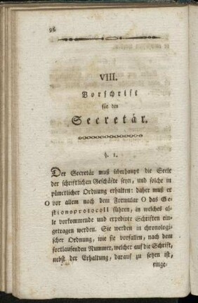 VIII. Vorschrift für den Secretär.