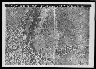 C. Jerusalem, Teilbilder der Alt- und Neustadt (mehr oder weniger Vertikalaufnahmen) mit engem Gesichtsfeld: westlicher Teil der Altstadt (Grabeskirche, Zitadelle) und westliches Vorgelände, Birket es-Sultan, jüdische Kolonien, Birket Mamilla