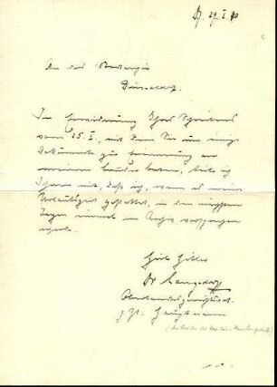 5-10-12-13.0000: Langsdorff, Hans, Kapitän zur See, Kommandant des PS "Admiral Graf Spee"; diverse Schreiben ff.: Überlassung der persönlichen Papiere des gefallenen Langsdorff an das Stadtarchiv
