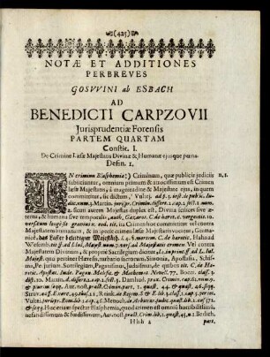 Notae Et Additiones Perbreves Gosvvini ab Esbach Ad Benedicti Carpzovii Jurisprudentiae Forensis Partem Quartam