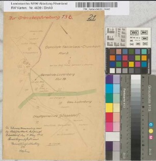 [Grenze im Bereich der Gemeinde Ludenberg. Flur 19.Grundstücke des Landwirts Julius von der Bey u. Ehefrau]. 21. - Zur Grenzbeschreibung 13b. Übereinstimmung mit der Katasterkarte bescheinigt 11.3.1930 Kreisliegenschaftsamt in Düsseldorf, Vermessungsabteilung