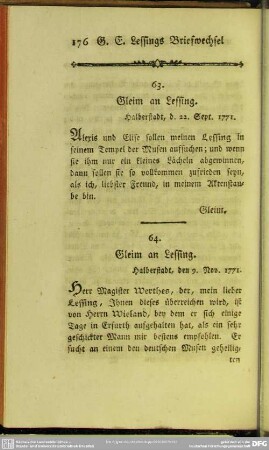 64. Gleim an Lessing. Halberstadt, den 9. Nov. 1771