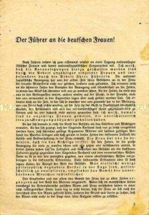 Fragment einer Broschüre (Umschlag und Vorsatz fehlen) mit Ausführungen Hitlers zur Rolle der Frauen im 3. Reich