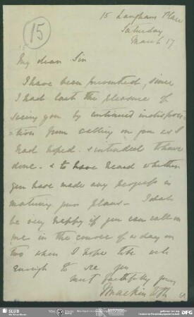 Eigenh. Brief von James Mackintosh an August Wilhelm von Schlegel, London, 17.03.