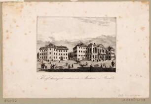 Das Entbindungsinstitut (links) und das Kurländer Palais (rechts) mit der Königlich Chirurgisch-medizinischen Akademie am Zeughausplatz (heute Tzschirnerplatz) in Dresden von Westen