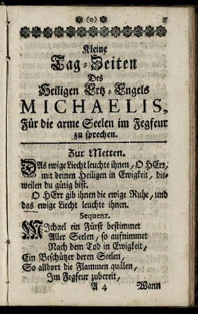 Kleine Tag- zeiten Des Heiligen Ertz- Engels Michaelis, ...