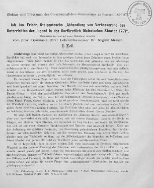 1: Joh. Jos. Friedr. Steigenteschs "Abhandlung von Verbesserung des Unterrichts der Jugend in den Kurfürstlich. Mainzischen Staaten 1771"