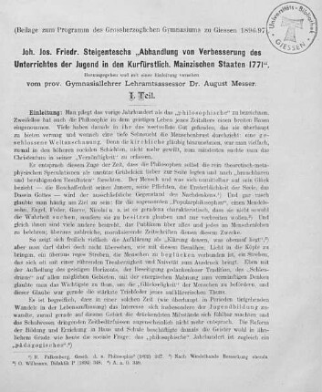 1: Joh. Jos. Friedr. Steigenteschs "Abhandlung von Verbesserung des Unterrichts der Jugend in den Kurfürstlich. Mainzischen Staaten 1771"