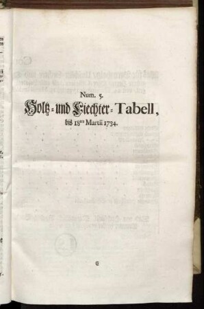 Num. 5. Holtz- und Liechter-Tabell, bis 18ten Martii 1734.