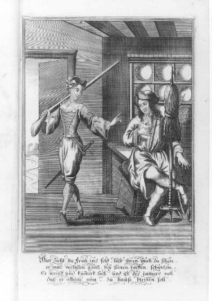 Verkehrte Welt, Frau in Hosen mit Gewehr und Degen : Engelbrecht, Martin: Verkehrte Welt, Frau in Hosen mit Gewehr und Degen. Kupferstich; 283 x 184 mm. Dresden: Kupferstich-Kabinett A, 4 (INT XV-XX, A in B Bänden)