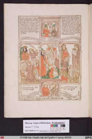 Drei biblische Szenen umgeben von vier Propheten. Links Saul lässt die Priester töten, mittig der Kindermord in Bethlehem, rechts Athalia lässt die Königskinder töten.