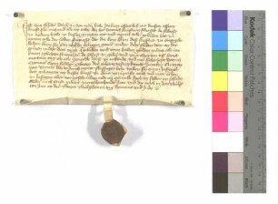 Lehenrevers des Cunz Vischer, Bürger zu Niedernhall, über eine Wiese, die Fladenwiese; ausgestellt o.O., 1412 (Simon und Judae); Siegel: Cunz von Vynaw (=Veinau).
