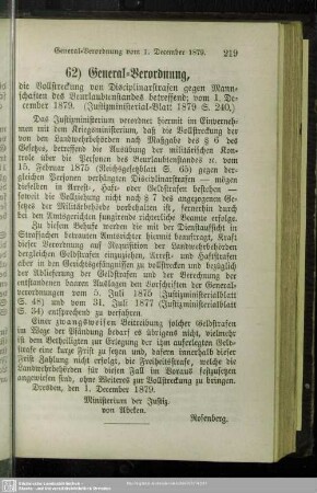62) General-Verordnung, die Vollstreckung von Disciplinarstrafen gegen Mannschaften des Beurlaubtenstandes betreffend; vom 1. December 1879