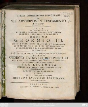 Theses Dissertationis Inavgvralis De Sibi Adscriptis In Testamento Alieno