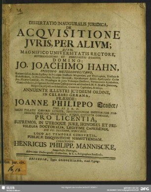 Dissertatio Inauguralis Iuridica, De Acquisitione Iuris, Per Alium