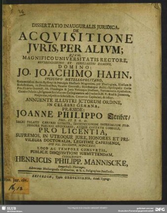 Dissertatio Inauguralis Iuridica, De Acquisitione Iuris, Per Alium