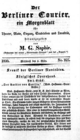 No. 925, Mittwoch den 3. März 1830