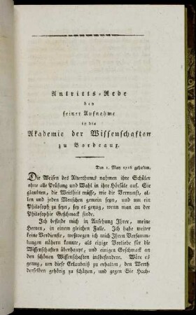 Antritts-Rede bey seiner Aufnahme in die Akademie der Wissenschaften zu Bordeaux.
