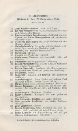 II. Auktionstag: Mittwoch, den 21. Dezember 1904, von 10 Uhr ab