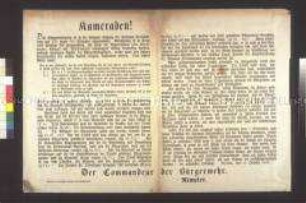 Maueranschlag: Kameraden! Der Kommandeur der Bürgerwehr Rimpler gibt das von der Preußischen Nationalversammlung angenommene Bürgerwehrgesetz bekannt; Berlin, 13. Oktober 1848