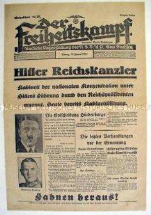 Sonderausgabe der Tageszeitung der NSDAP Sachsen "Der Freiheitskampf" zur Ernennung von Hitler zum Reichskanzler