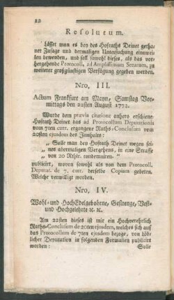 Nro. III. Actum Frankfurt am Mayn, Samstag Vormittags den 22sten August 1772